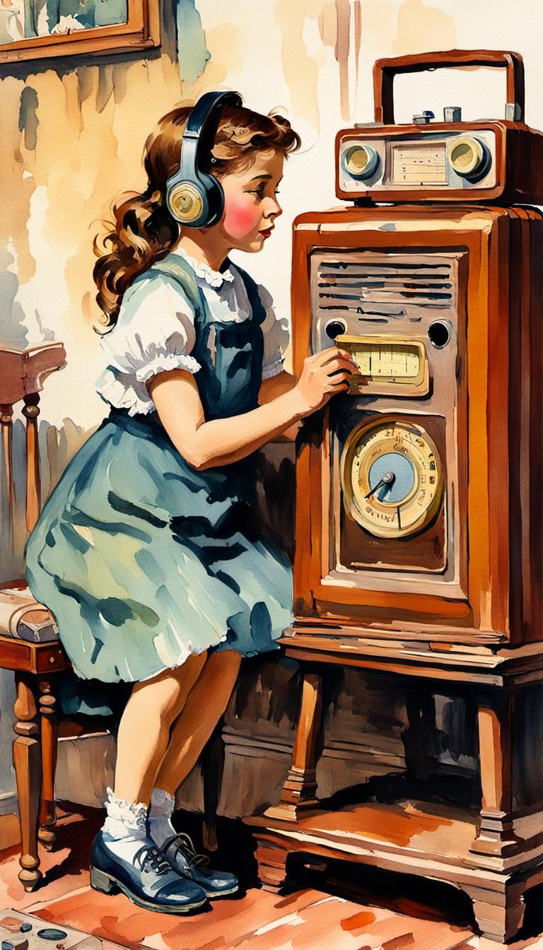 Girl Listens to Radio: Vintage Gouache Painting