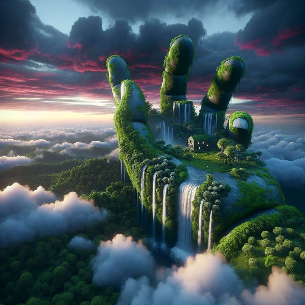 Giant Stone Hand Jungle Panorama at Sunset