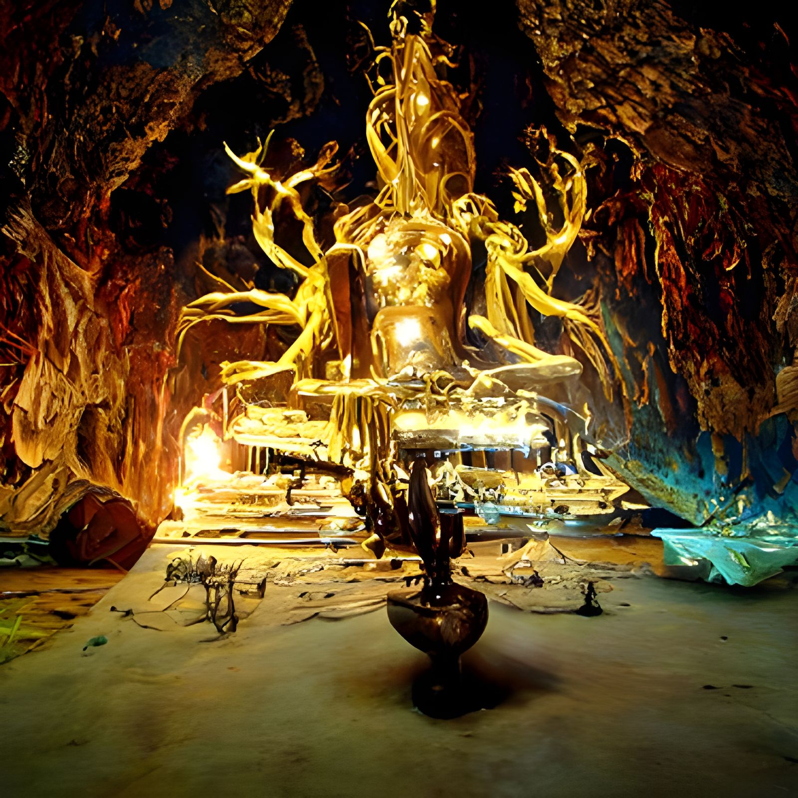 Ornate Deity in Cavernous Shrine, Surreal Art