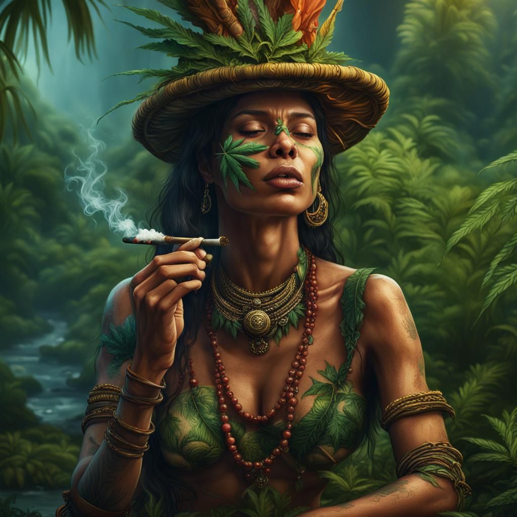 Amazonian Woman Smoking Cannabis: Detailed Fantasy Art