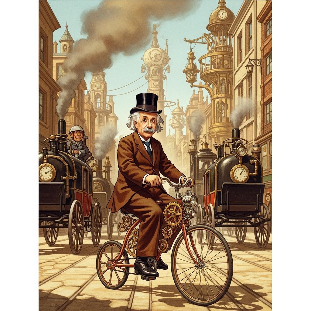 Einstein Rides Steampunk Bicycle Through Victorian Street