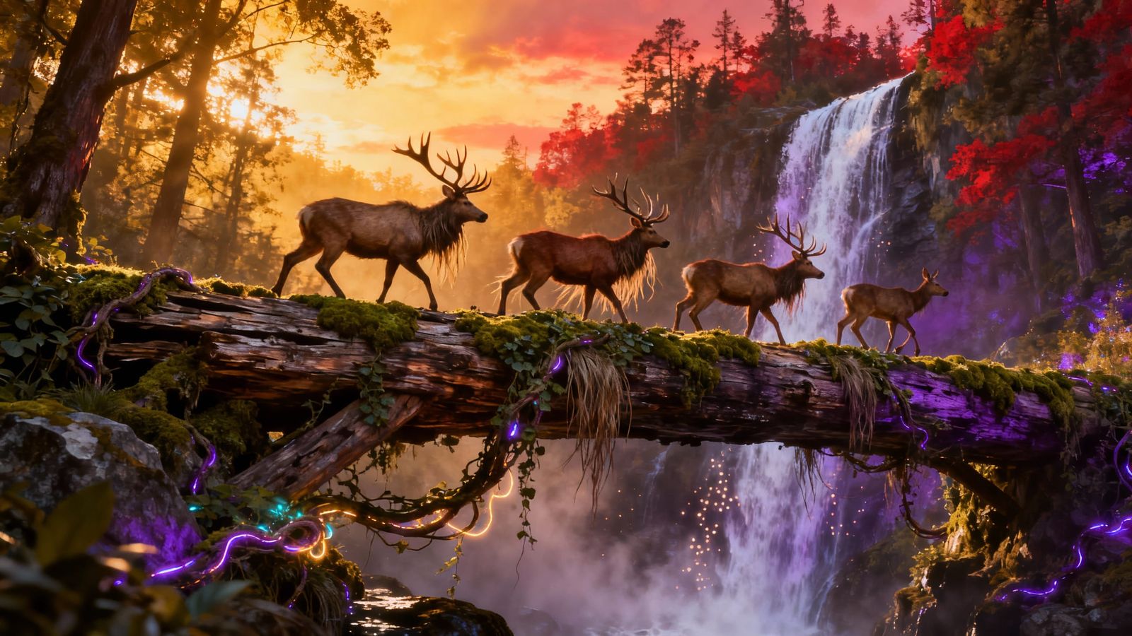 Elk and Deer Crossing Mossy Bridge at Sunset Waterfall