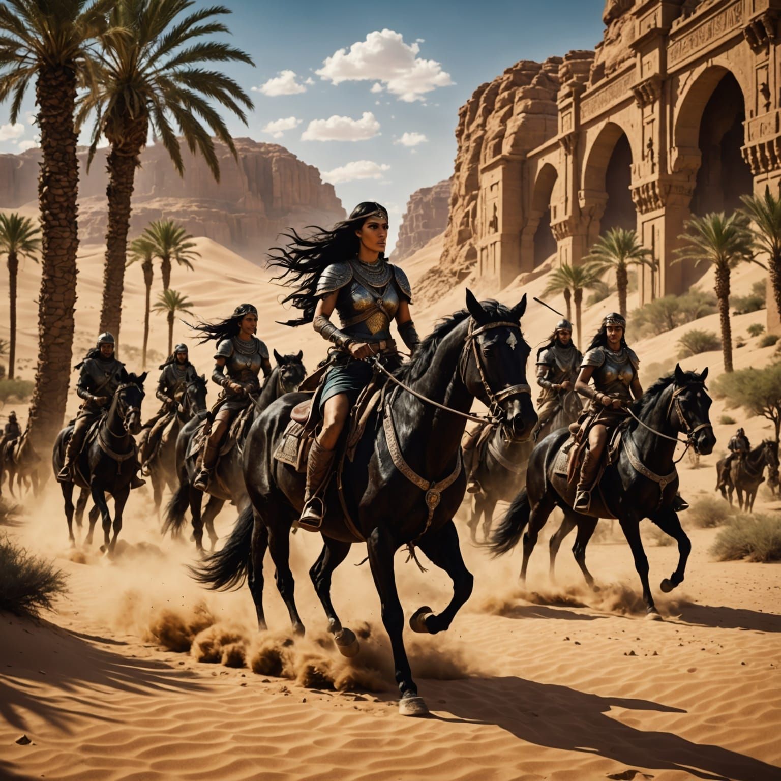 Amazon Warriors Ride into a Vibrant Oasis in Cyberpunk Style