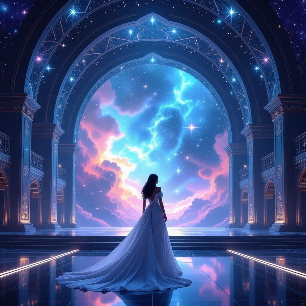 Majestic Woman in Celestial Auditorium with Mesmerizing Nebu...