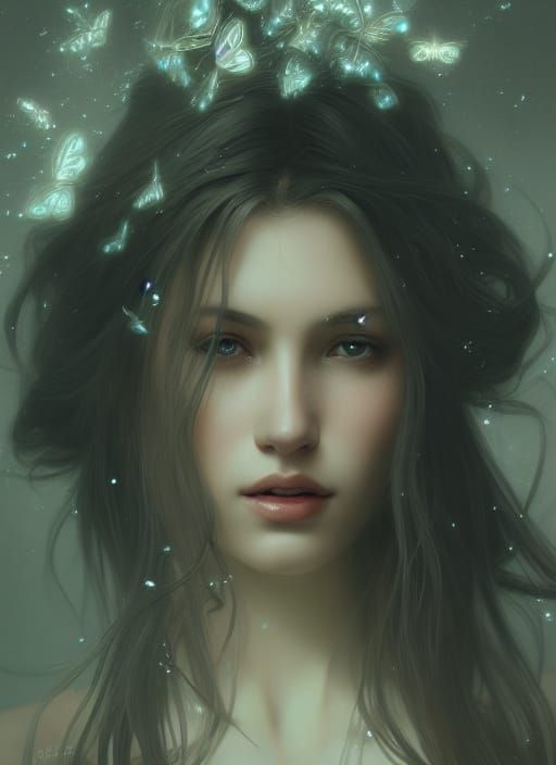 Ethereal Woman Portrait with Silver Butterflies