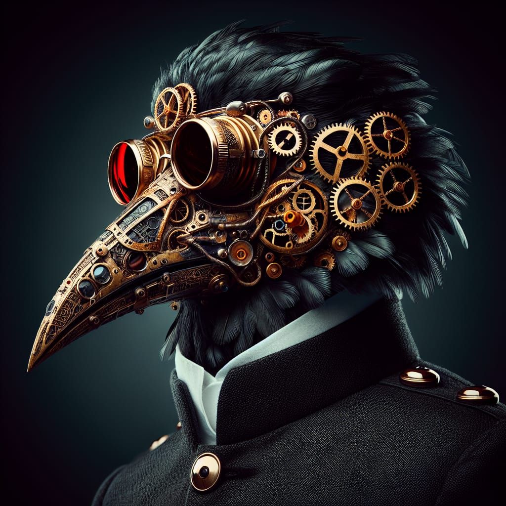 Steampunk Bird with Golden Gear Death Mask in Ruby Red Shade...