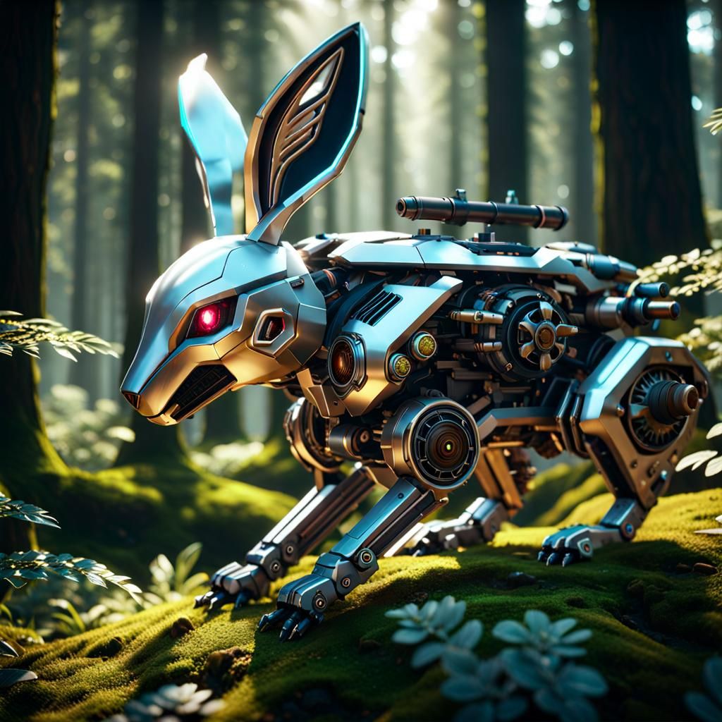 Mechanical Rabbit-Wolf Hybrid in Forest, Sci-Fi Style
