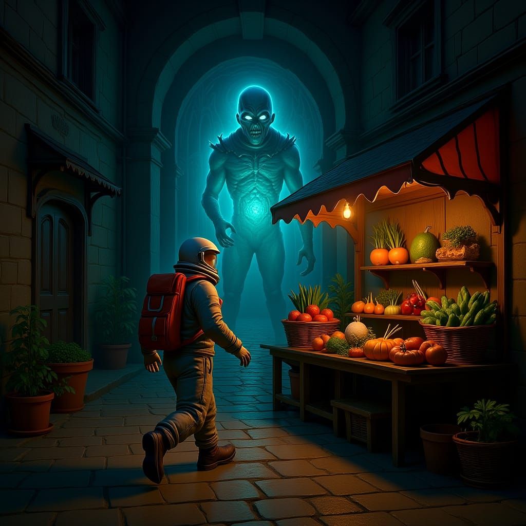 An astronaut stumbles into an alleyway outside an alien tave...