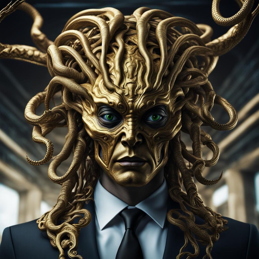 Hyperrealistic Alien Gold Medusa in a Suit