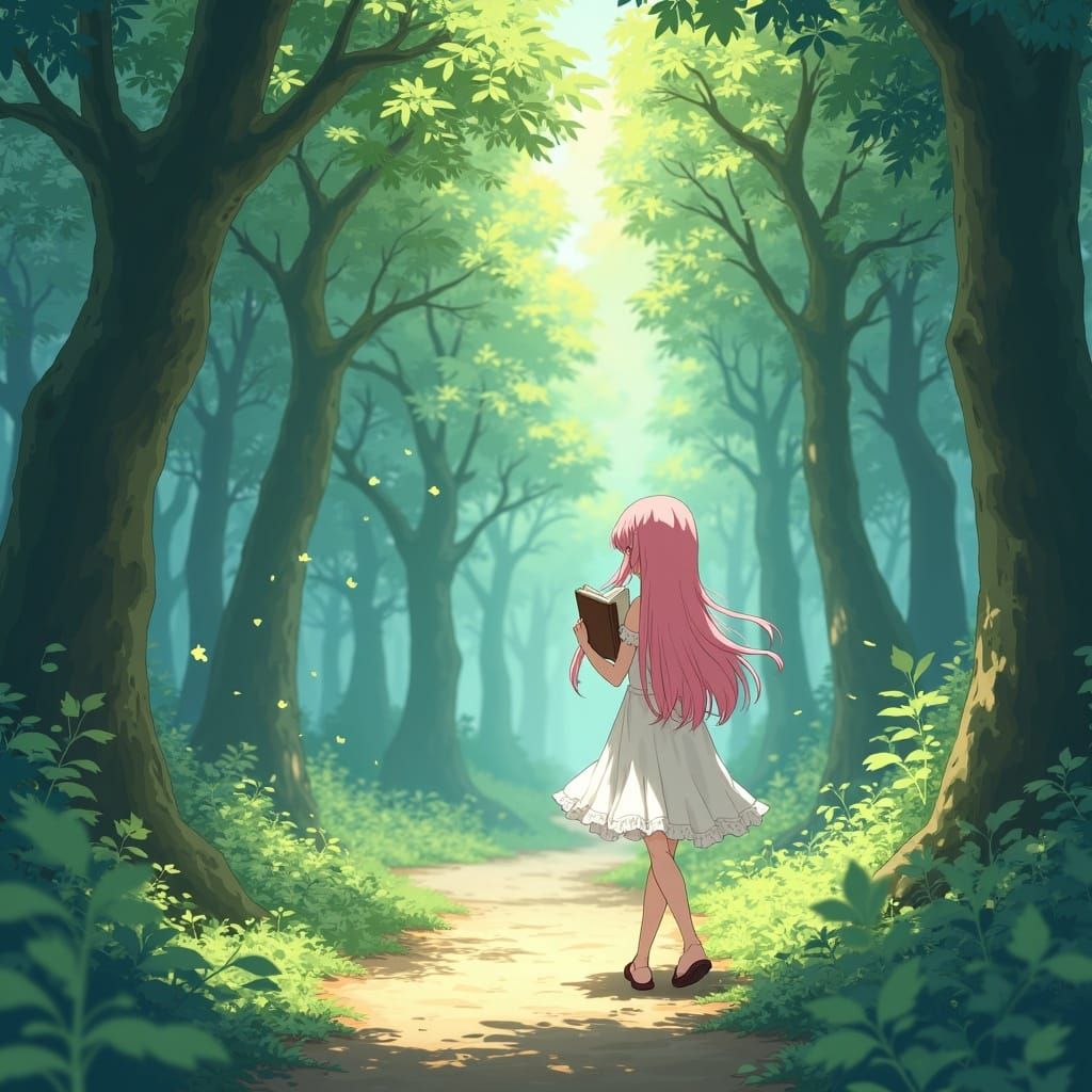 Anime Girl Writes in Notebook in Sun-Dappled Forest