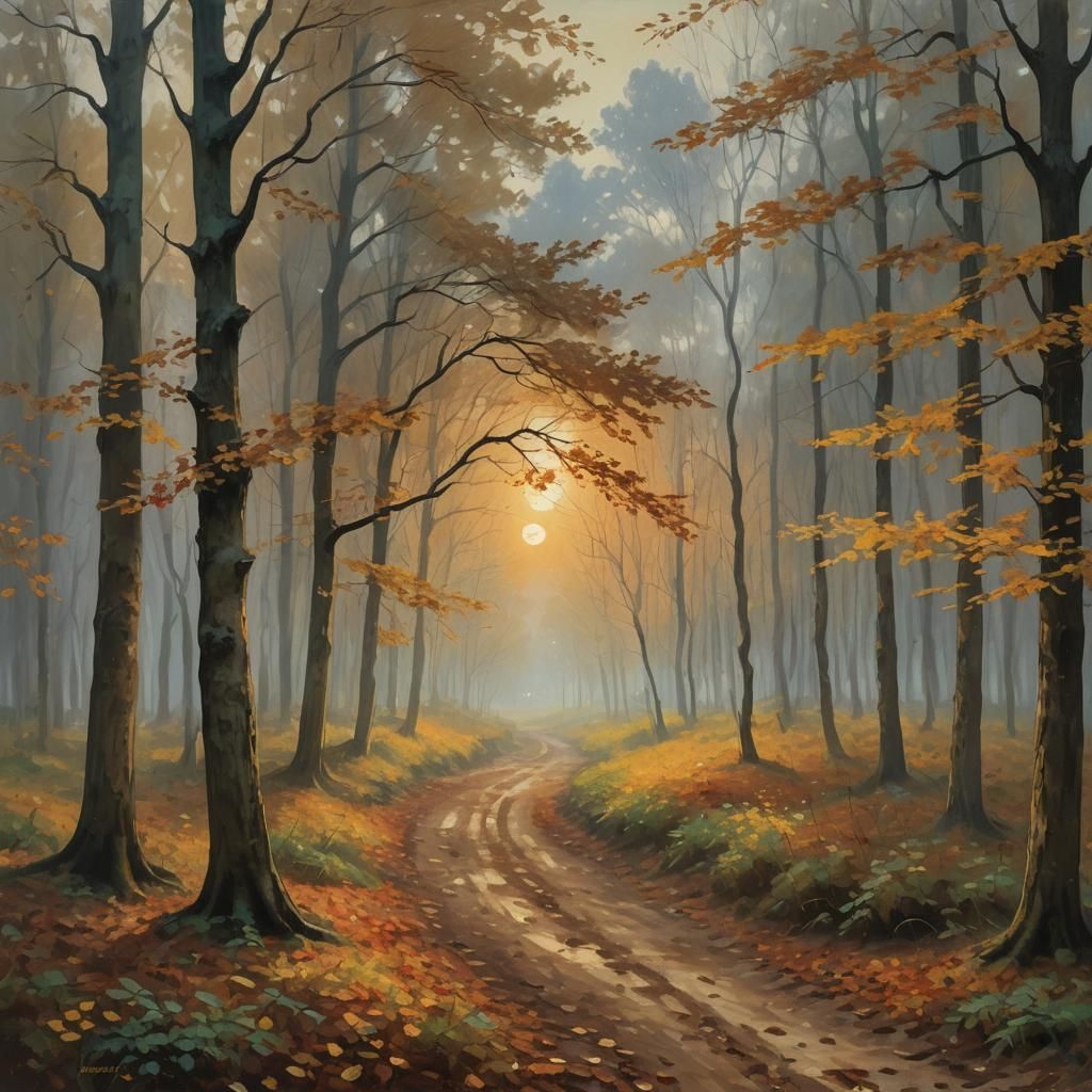 Harvest Moon Shines in Impressionist Autumn Forest