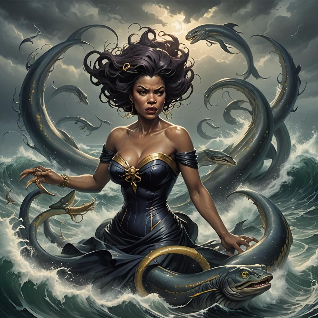 Sinister Ursula in Ocean Hurricane, Greg Rutkowski Style