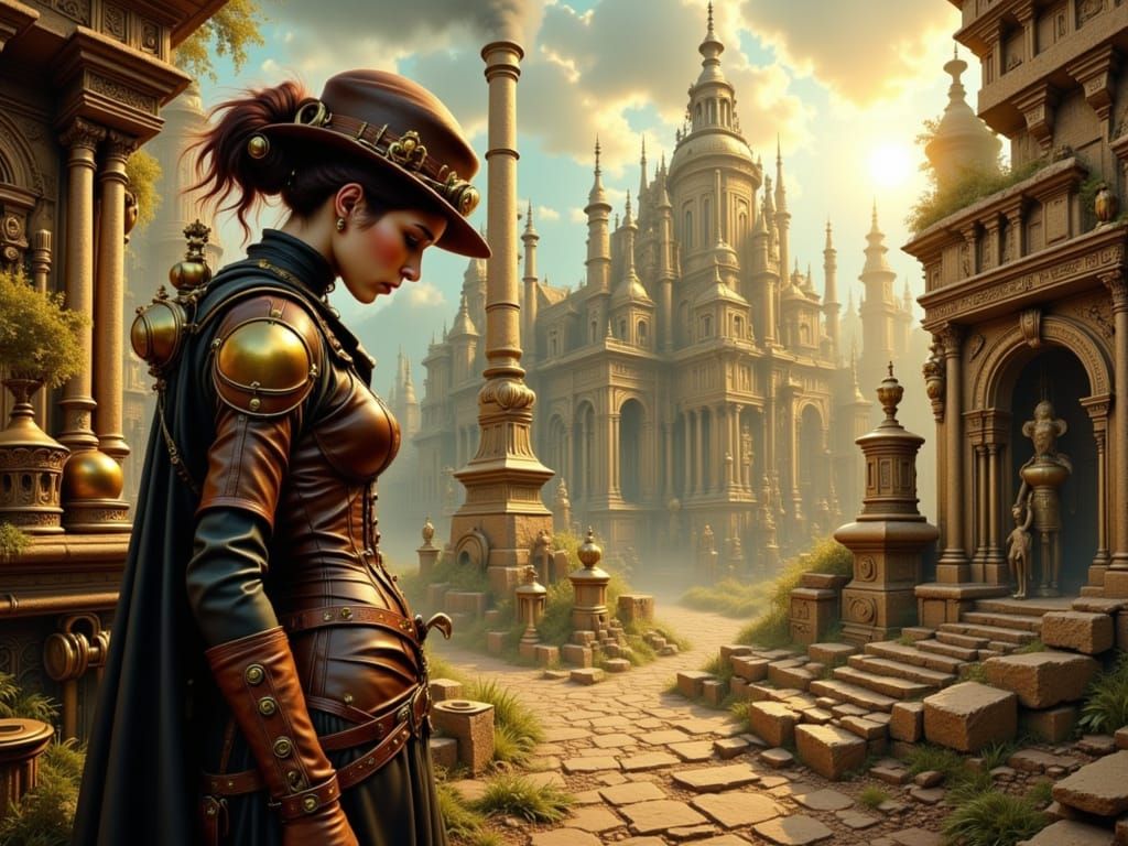 Steampunk Explorer in Ancient Ruins