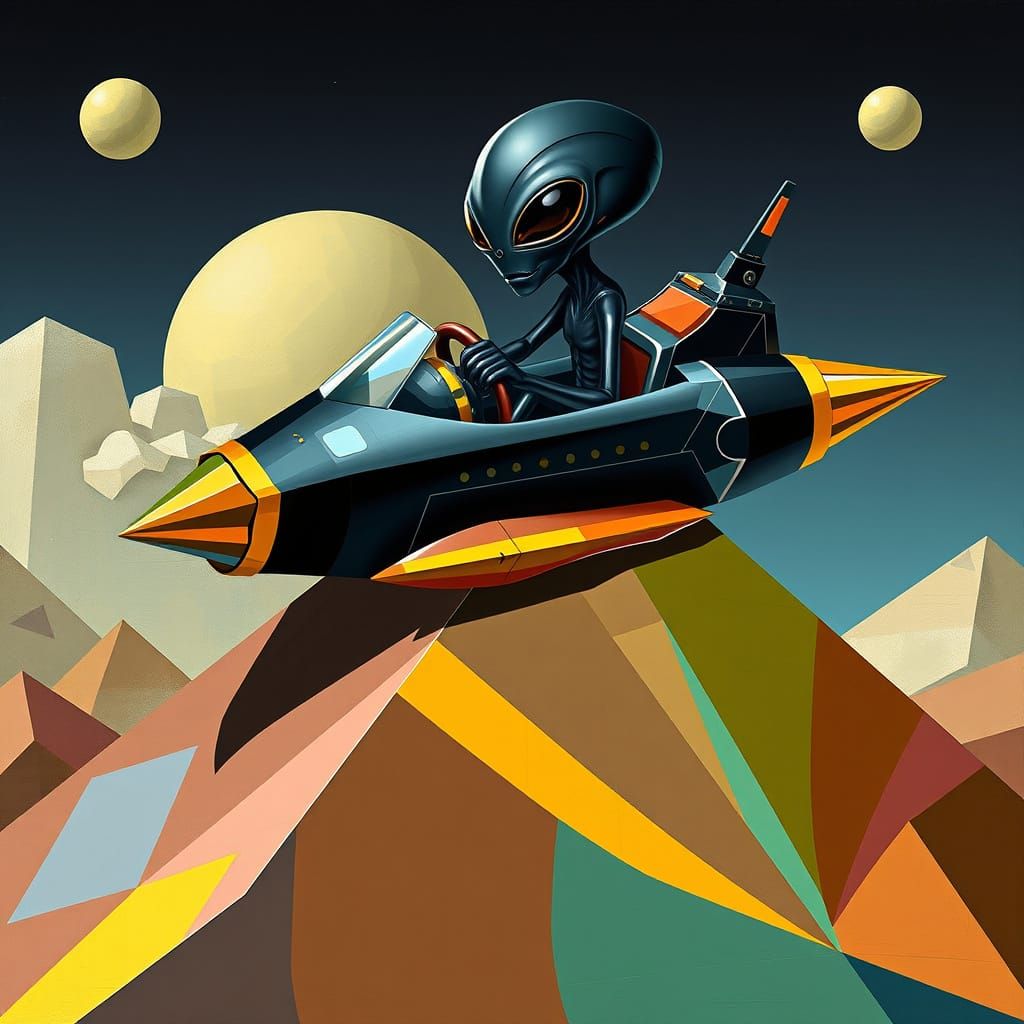 Alien Pilot in Rocket Ship: Cubist Pyramid