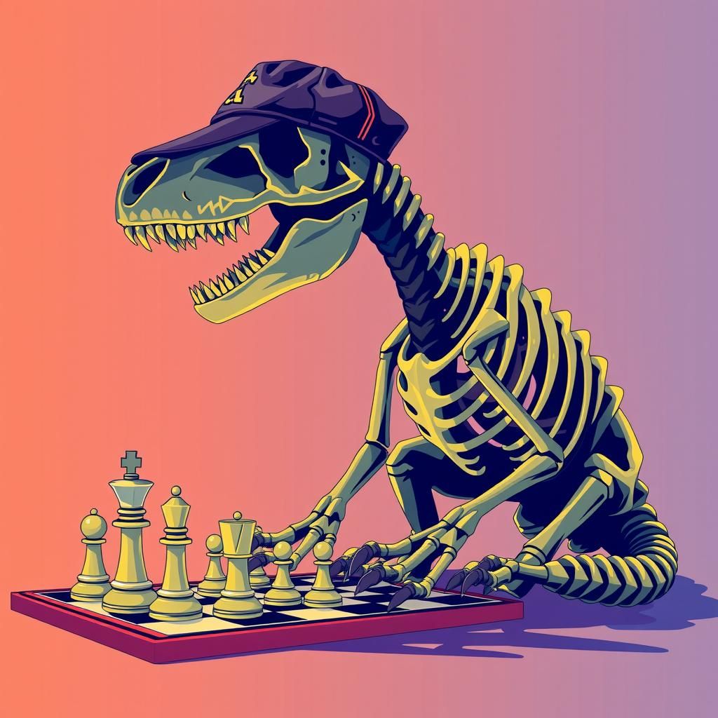 T-Rex Skeleton Plays Chess in Pop Art Style
