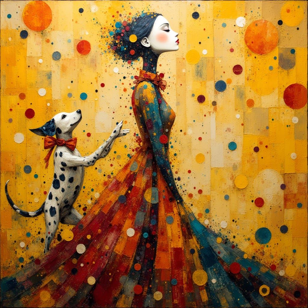 Android and Puppy in Polka Dot Dreamscape as Oil Painting