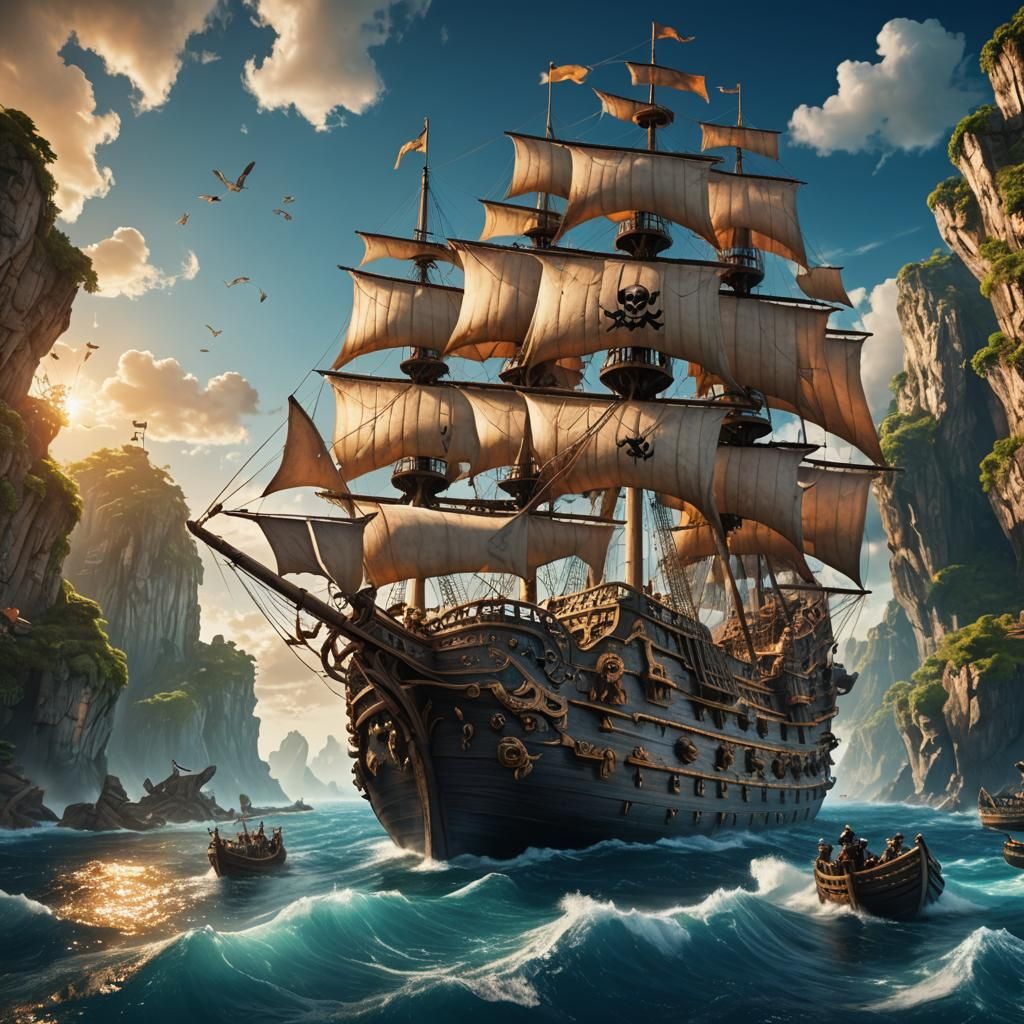 Giant Pirate Ship Sails Mystical Archipelago