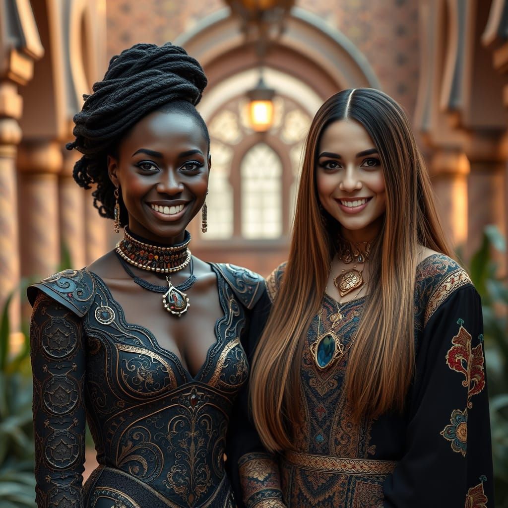 Smiling Women in Futuristic Arabian Garden