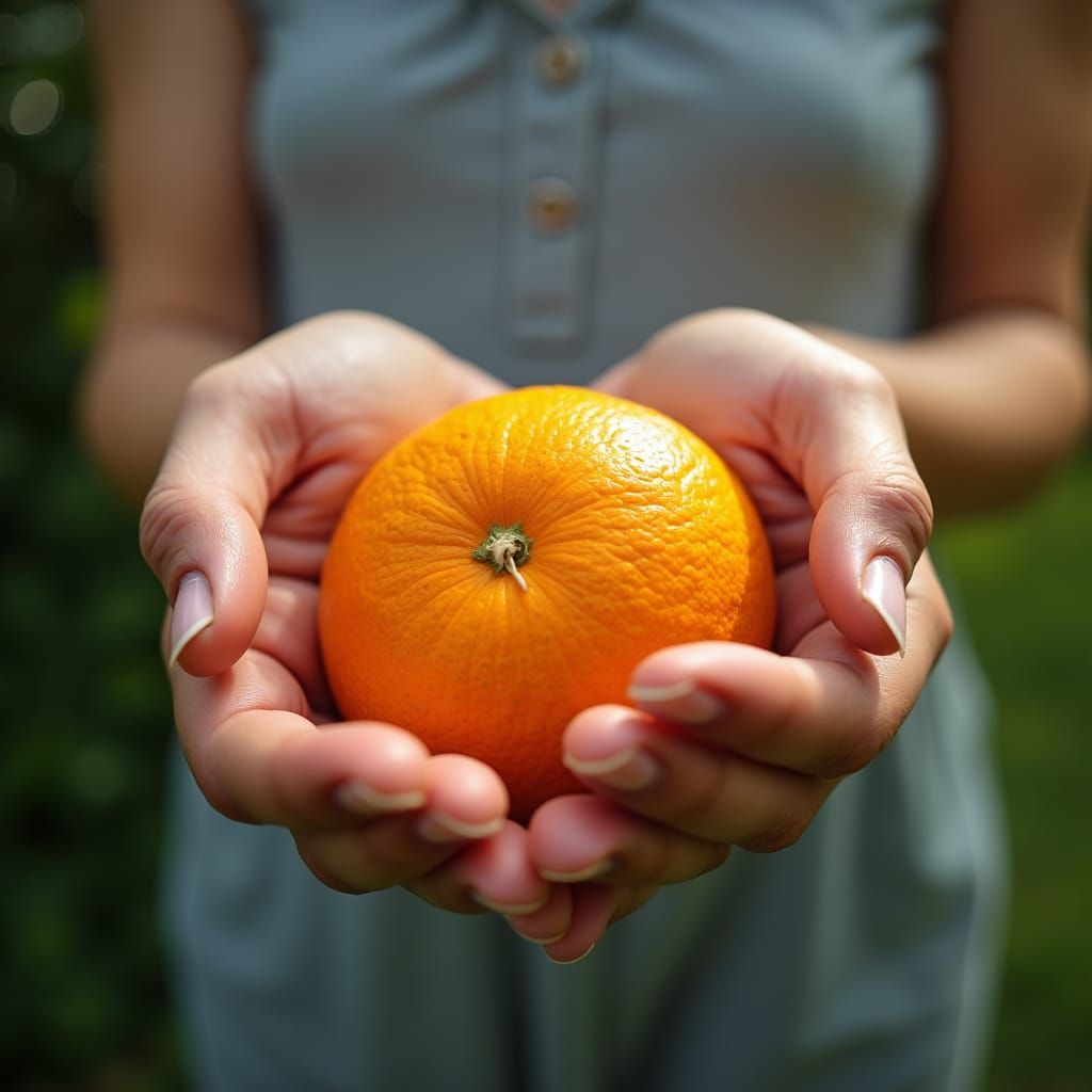 Woman's Hands Cradle a Vibrant Orange in Soft Focus Garden L...
