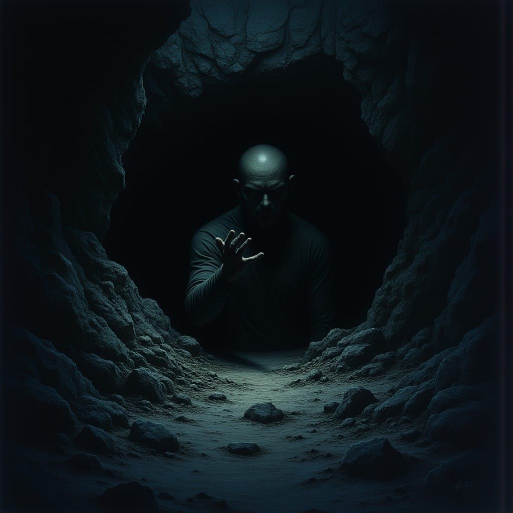 Macabre Figure Beckons in Rocky Cavern