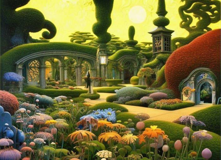 Exquisite Garden Flowers with Gothic Archways, Fantasy Art