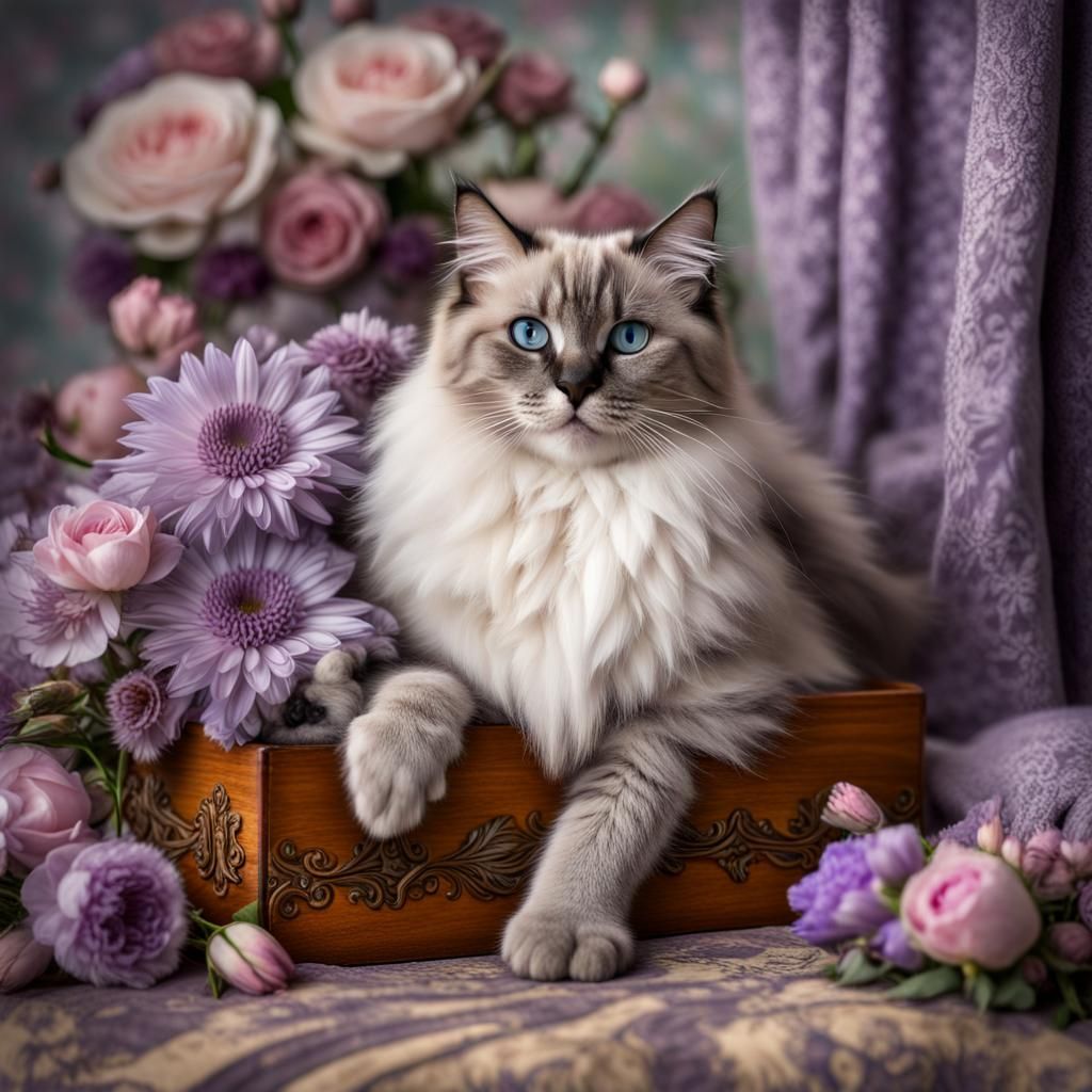 Gray Tabby Ragdoll Cat and Kittens in Box