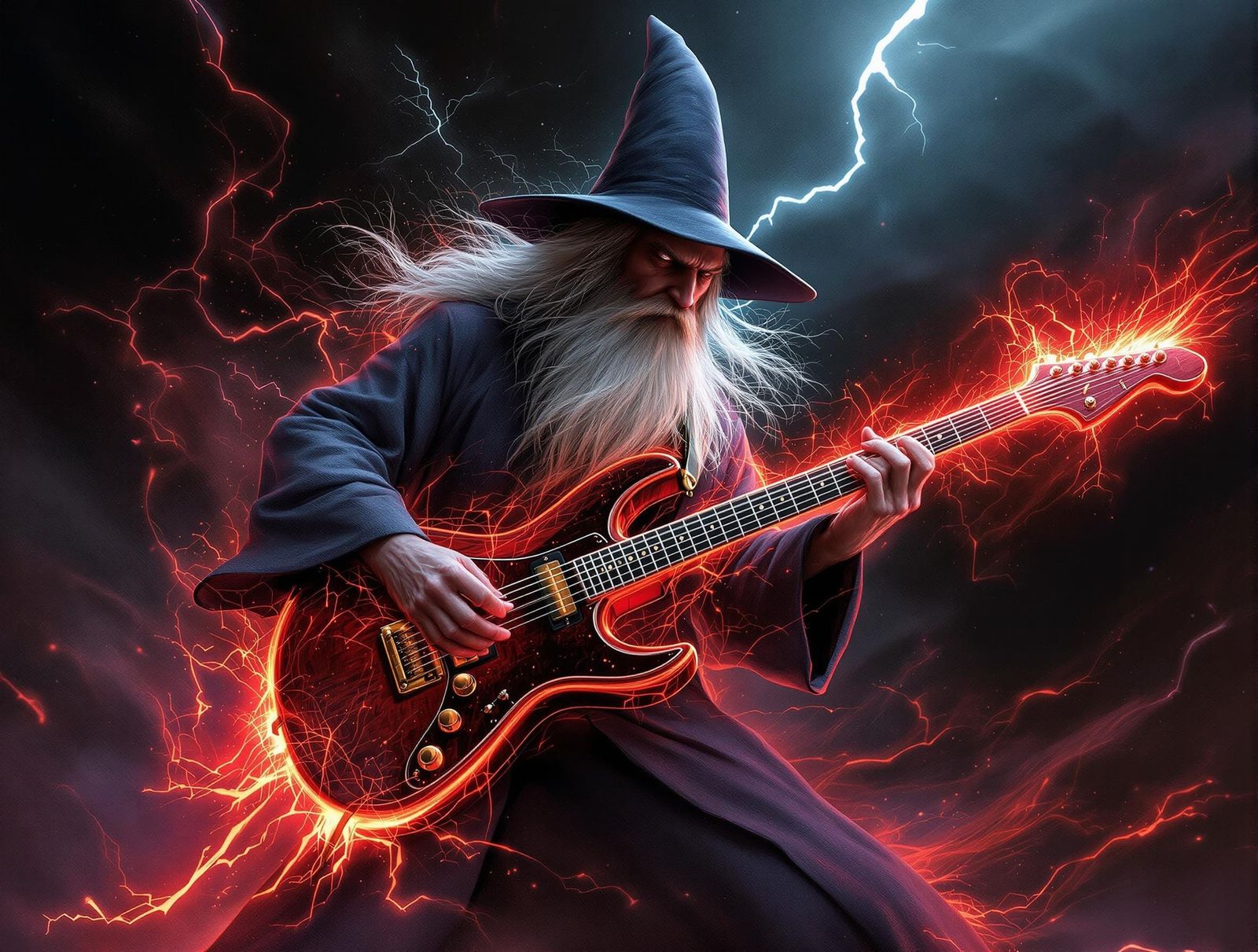 Gandalf Plays Electric Guitar in Dark Cyberpunk Style