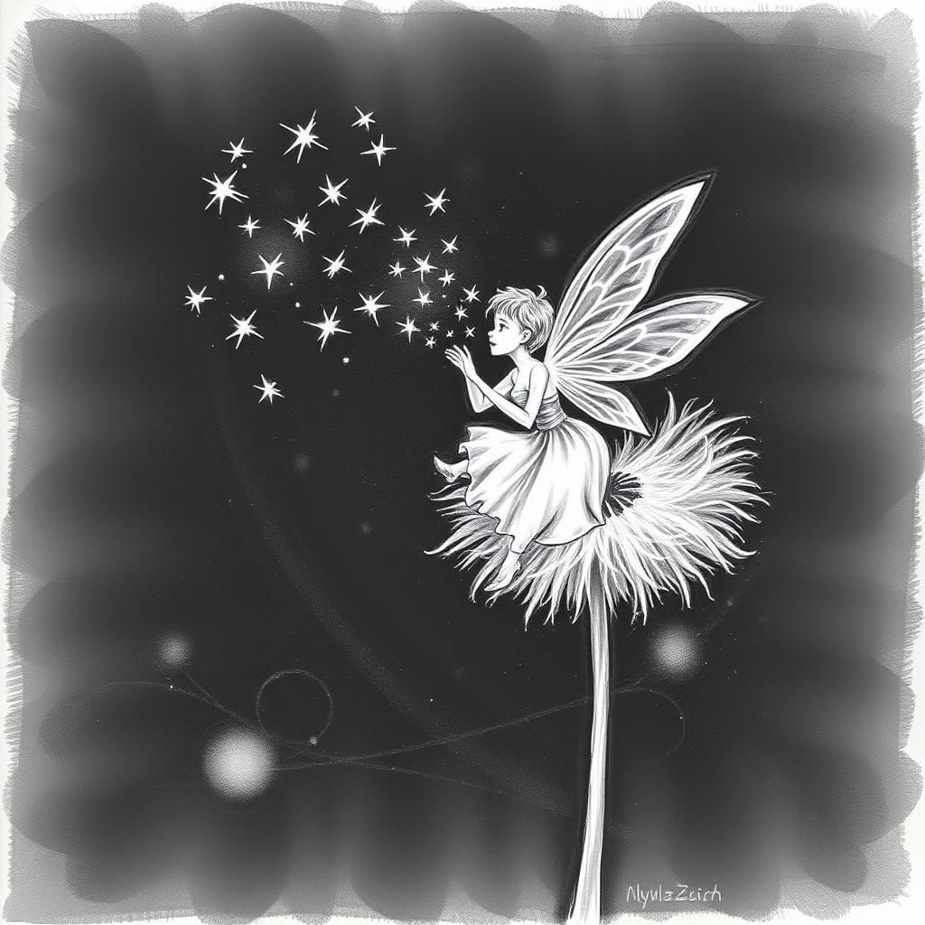 Fairy in Charcoal Sketch Sings Enchanting Melody