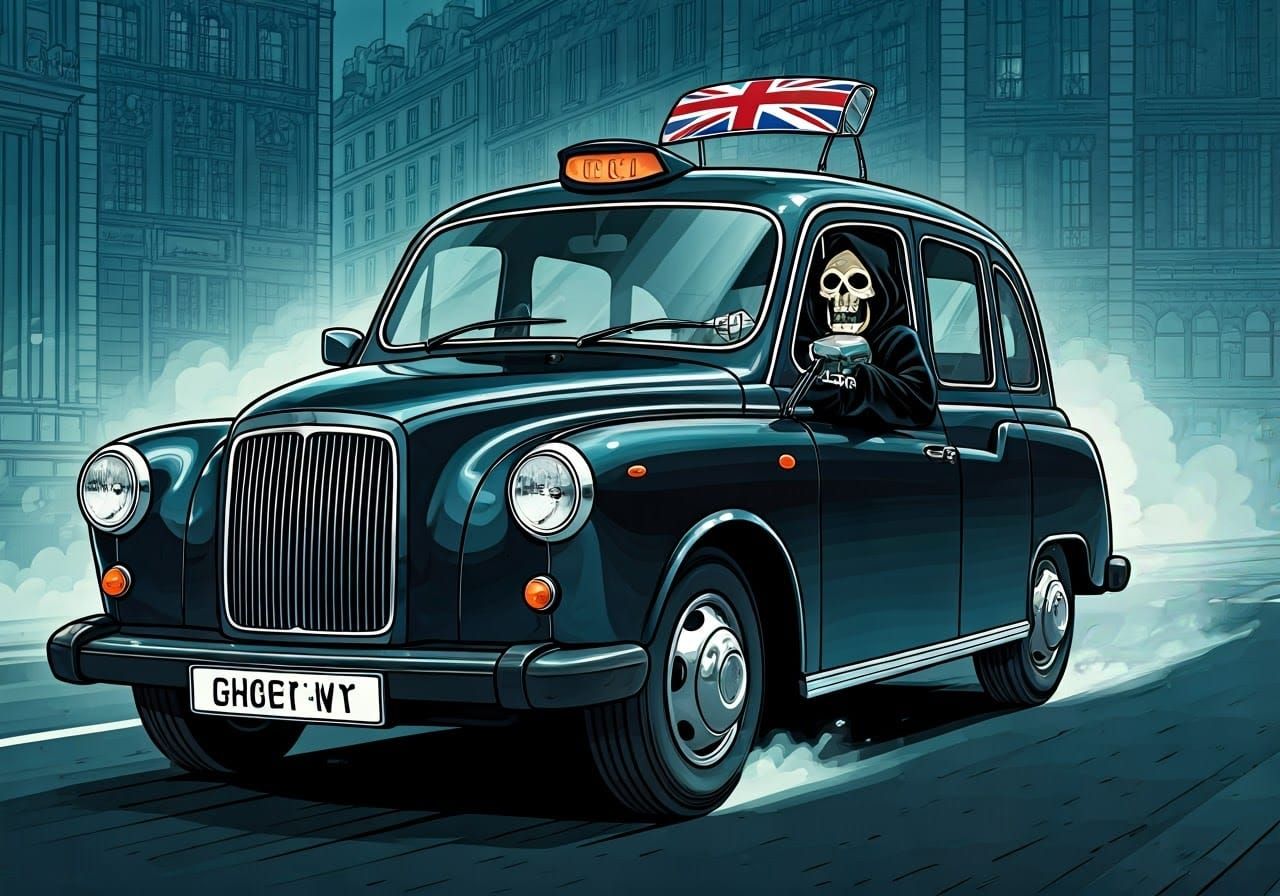Cheerful Grim Reaper Drives London Taxi in Comic Book Style