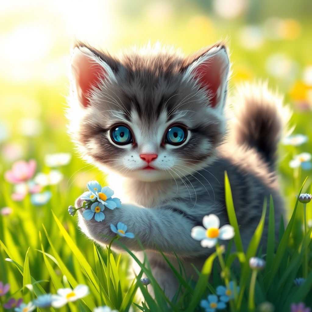 Kitten with Forget-Me-Not in Lush Meadow, 3D Anime Art