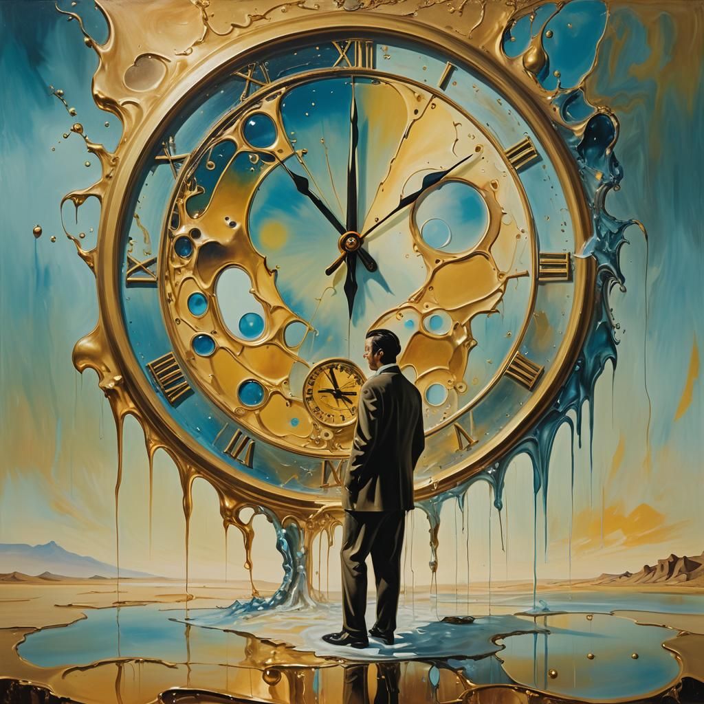 Surreal Melting Clock in Dreamlike Landscape