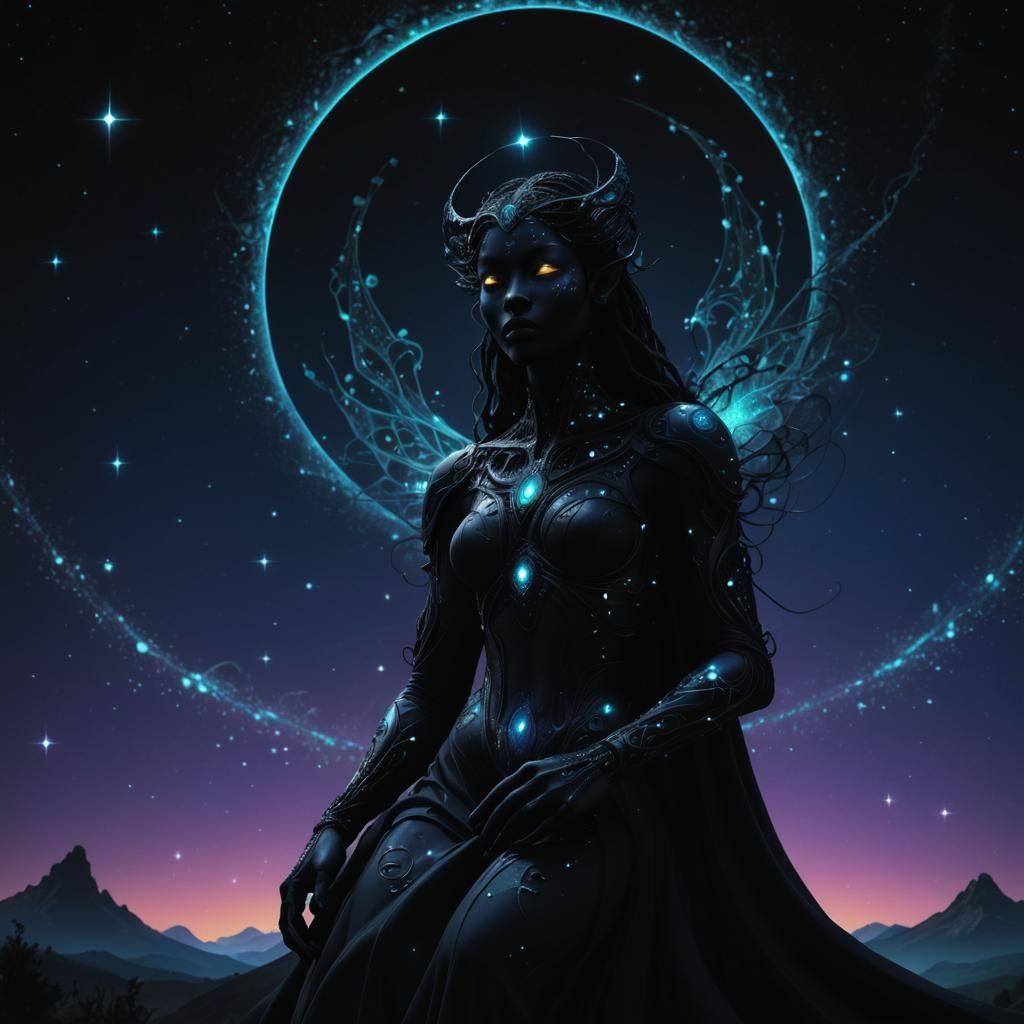 Mystical Black Figure in Starry Night Sky