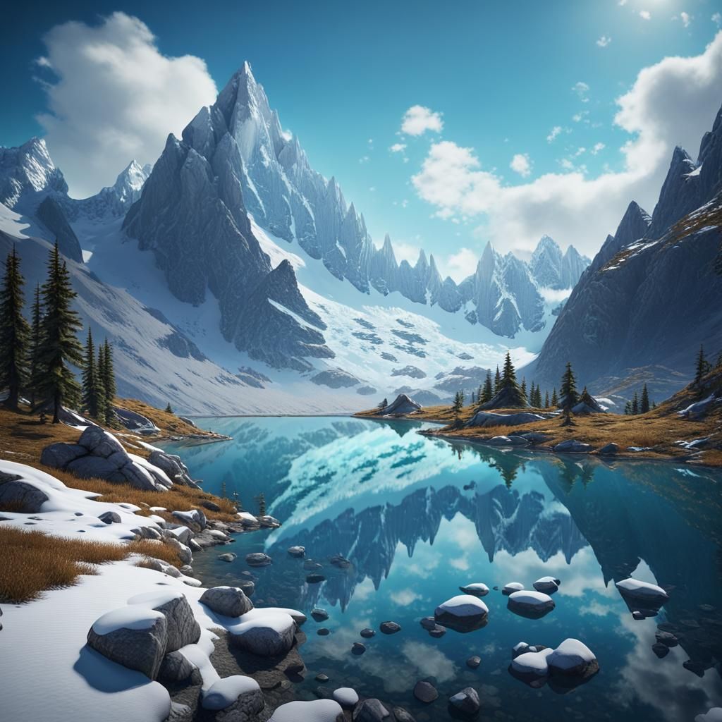 Glacial Lake Reflection: Snowy Mountain Vista