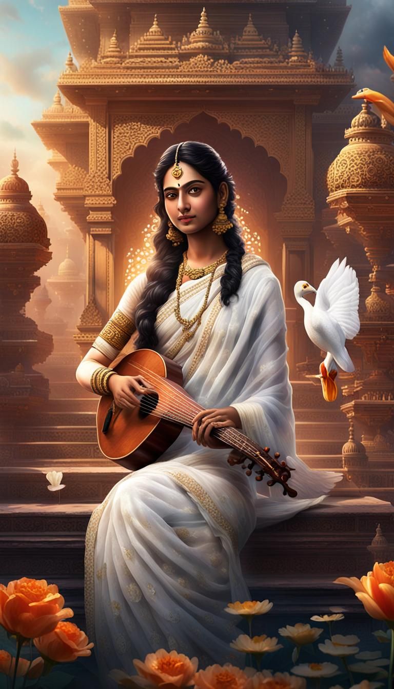 Saraswati Thakur with a white saree, holding a veena (musical instrument) on her hand ...