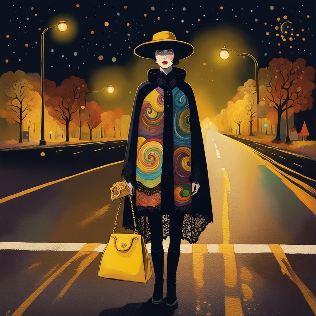 Night Scene with Avant-Garde Figure in Gouache Style