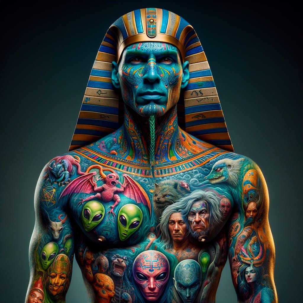 Pharaoh with Vivid Tattoos: Hyper-Realistic Cinematic Image