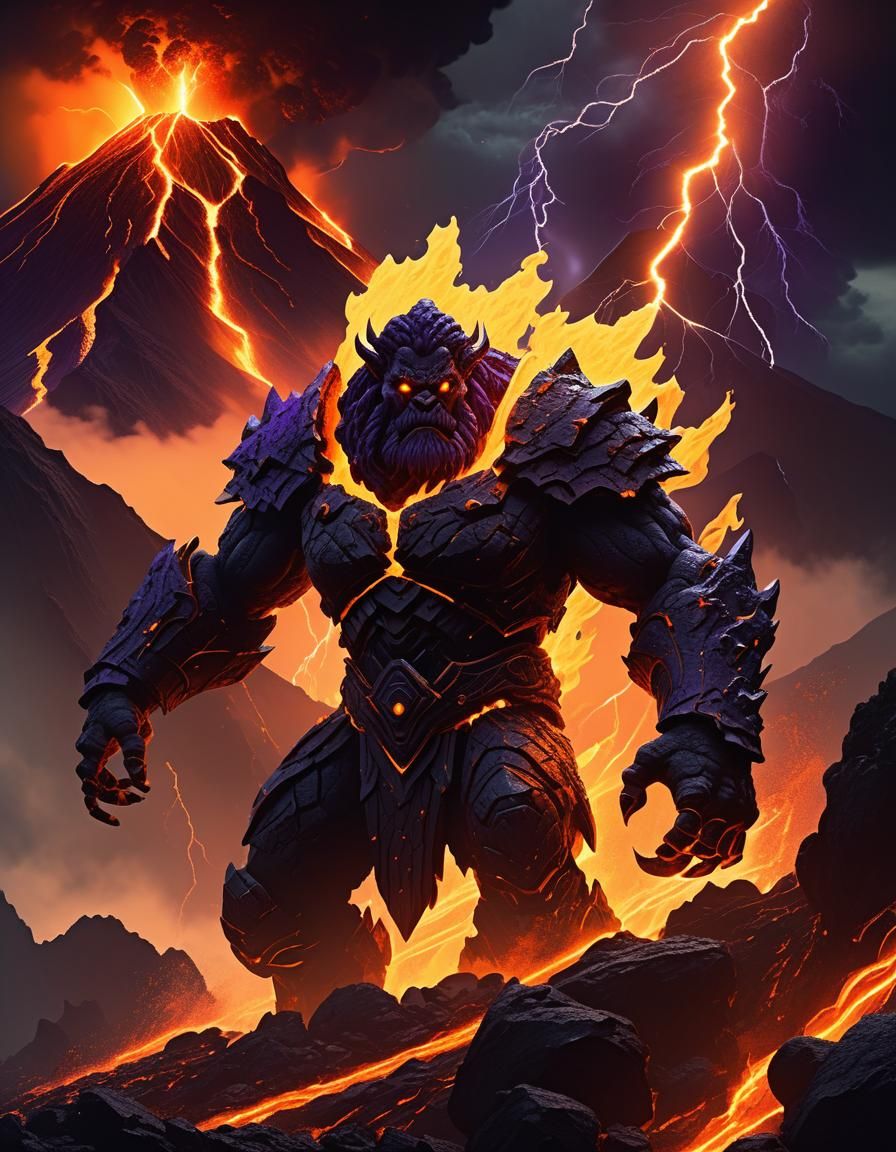 Female Fire Giant Erupts from Volcano: Digital Art