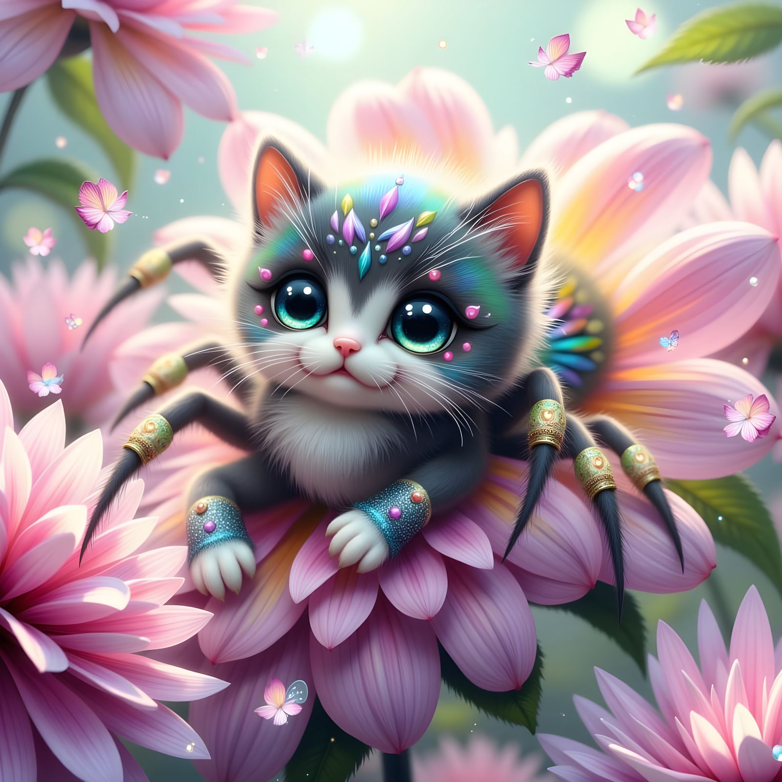 Whimsical Fae Kitten Spider on Rainbow Flower