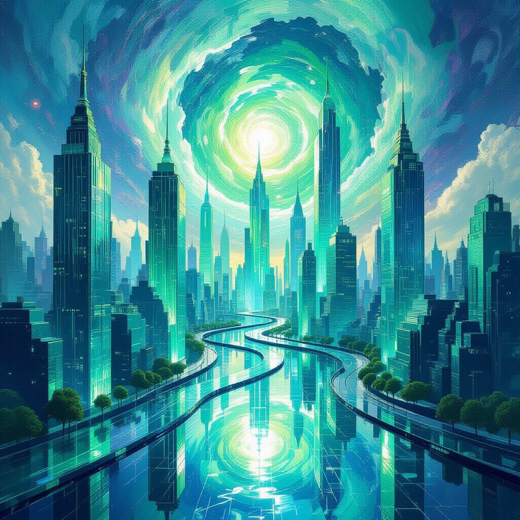 Abstract Glass Cityscape with Liquid Light Rivers