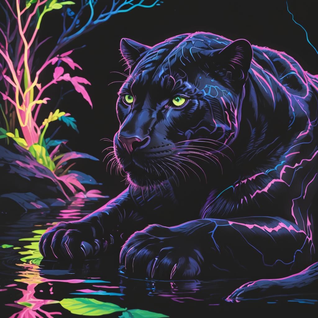 Luminous Neon Black Panther in Graffiti Art Style