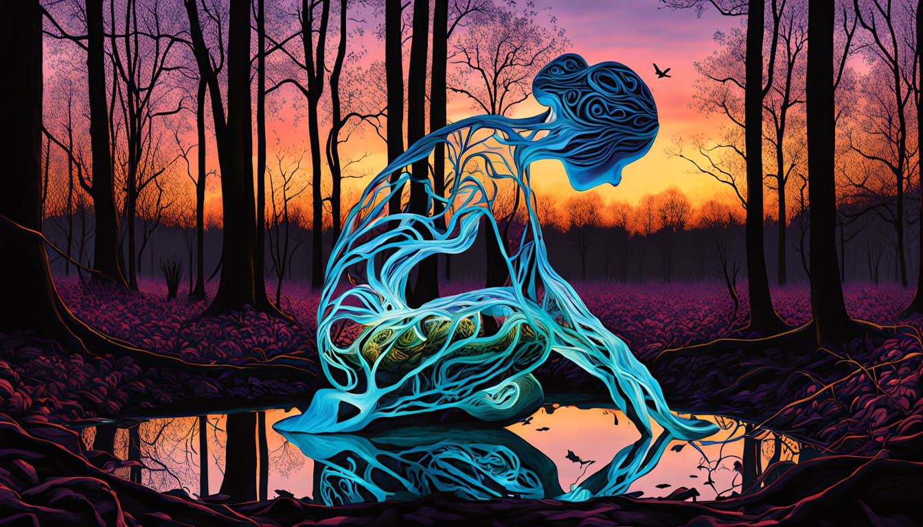 Surreal Fragmented Sculpture with Bioluminescent Flora