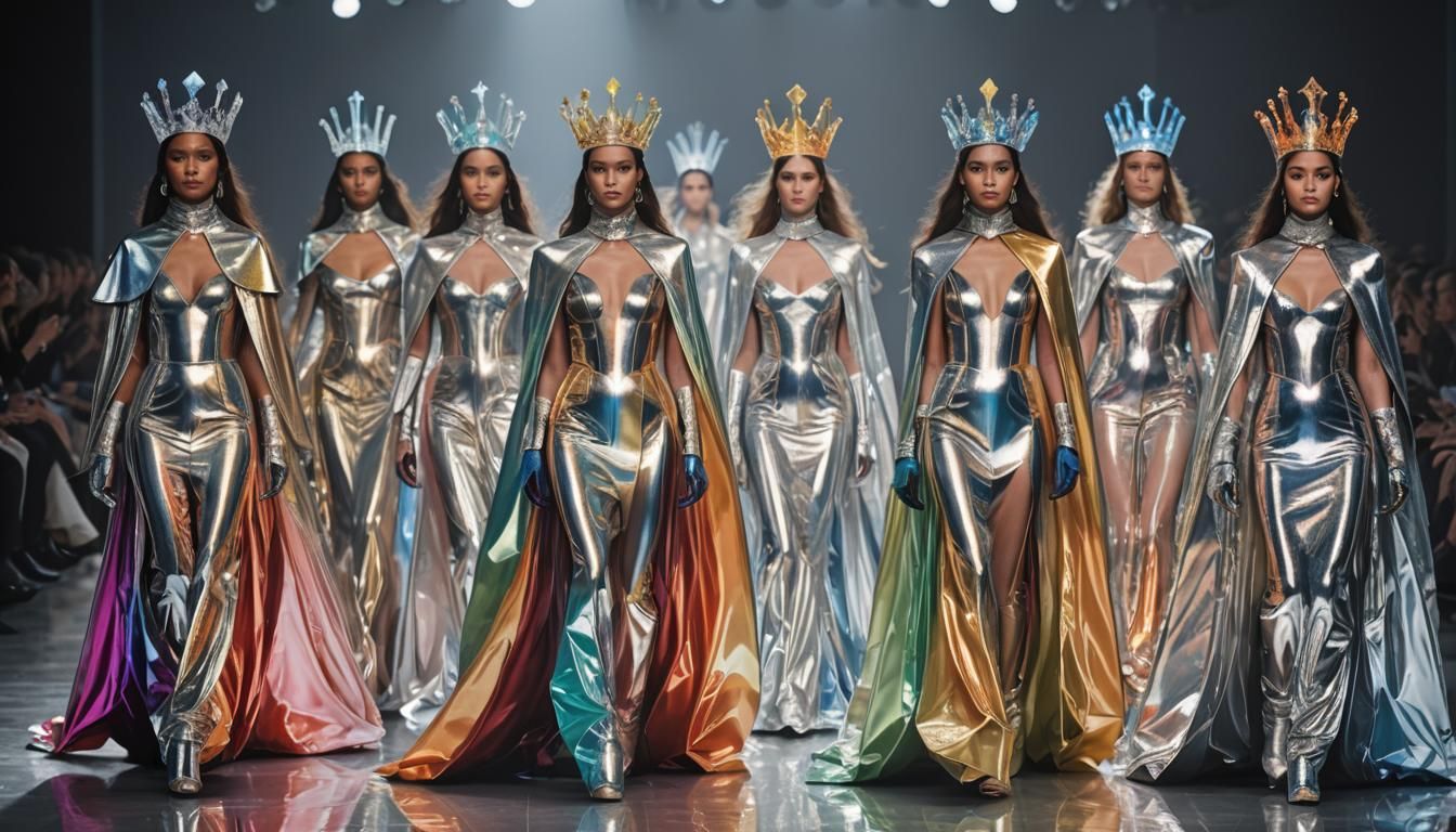 Futuristic Models on Runway in Reflective Royal Outfits
