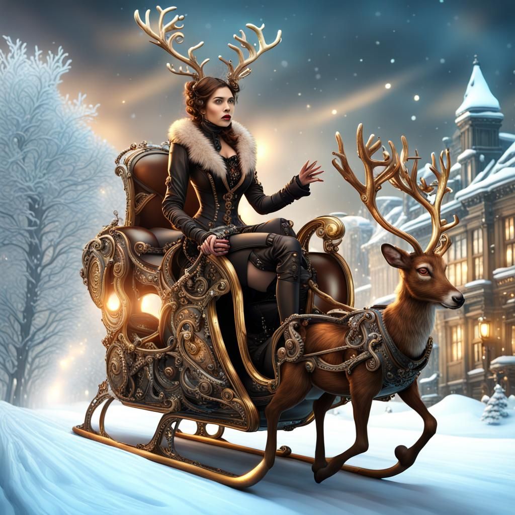 Steampunk Woman's Winter Sleigh Ride in Wonderland