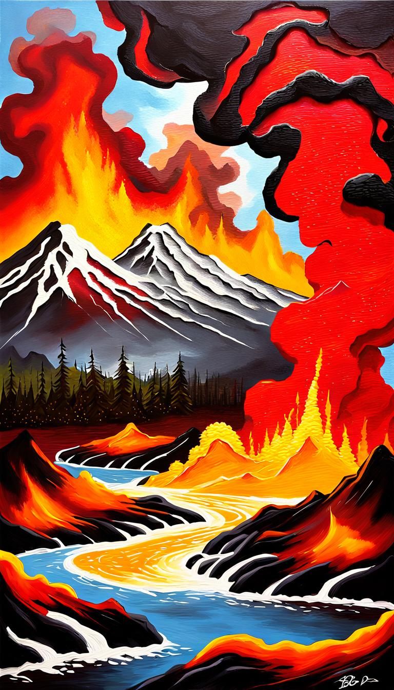 Volcano Eruption in Impasto Painting Style