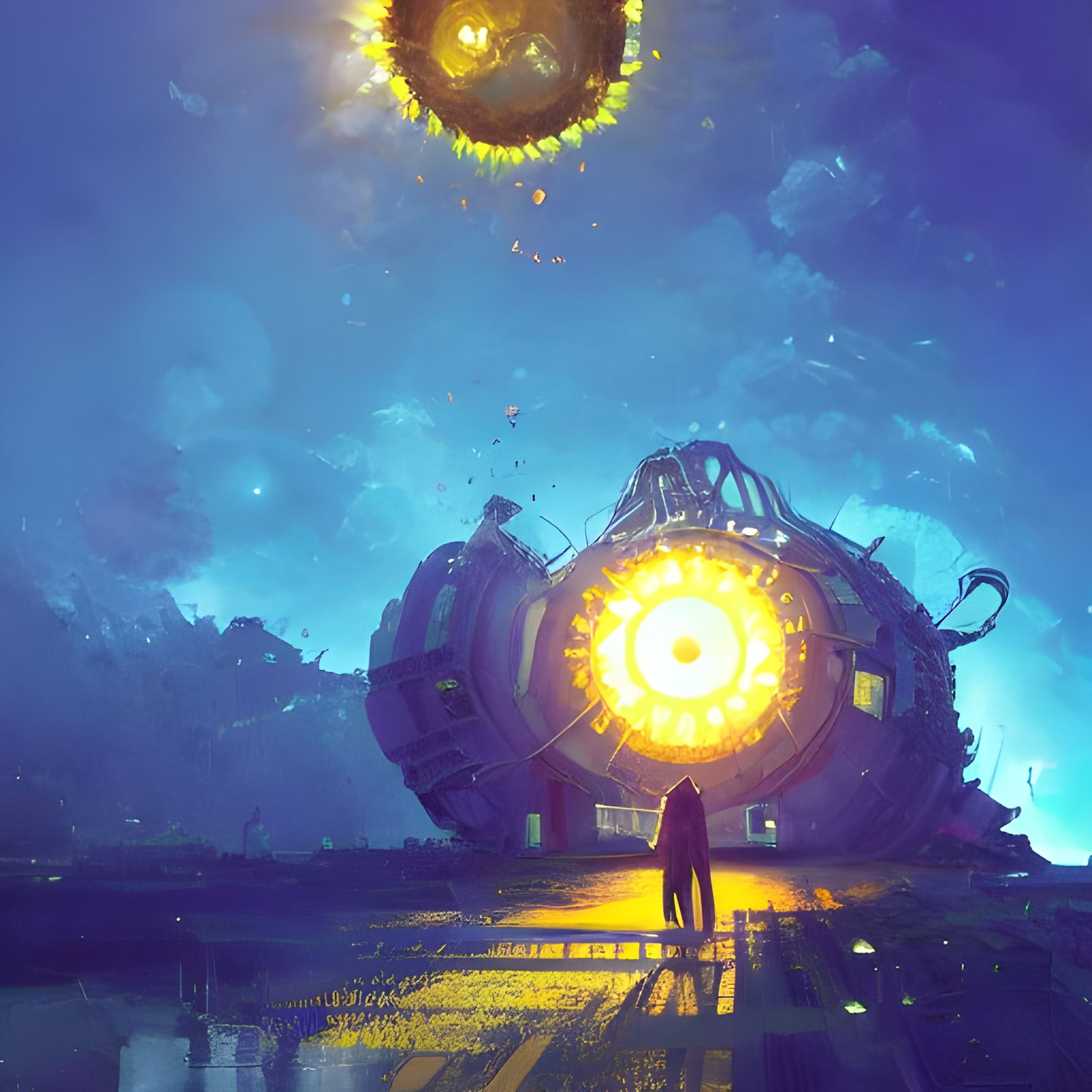 Artificial Sun in Azure and Yellow: Digital Illustration