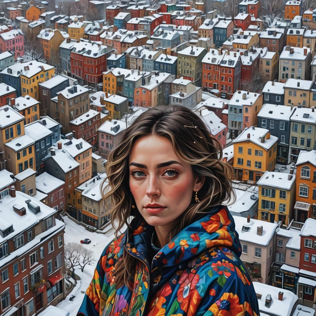 Hyperrealistic Gaze: Solitude in a Snowy Street
