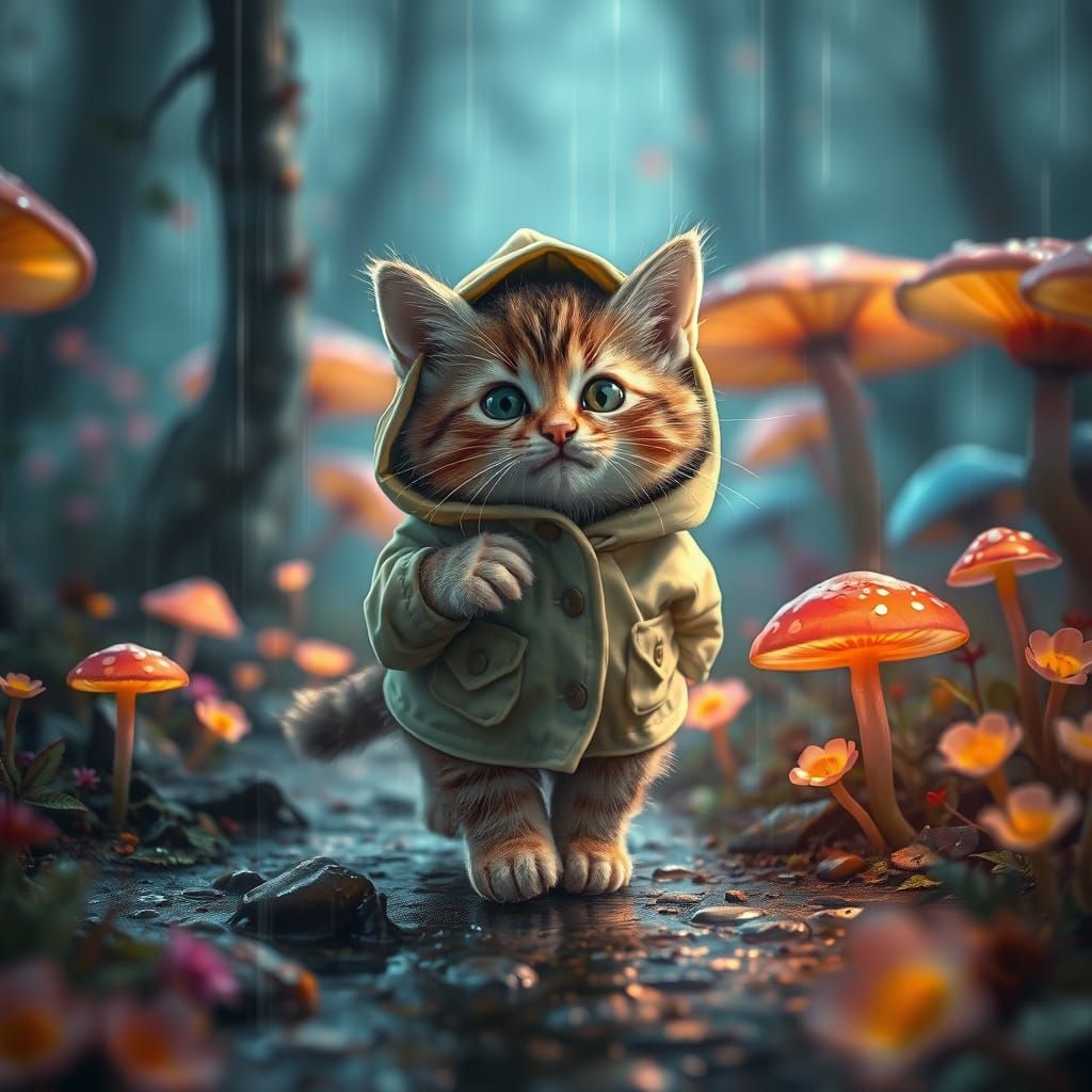 Mystical Whiskered Kitten Waddles in Rainy Forest