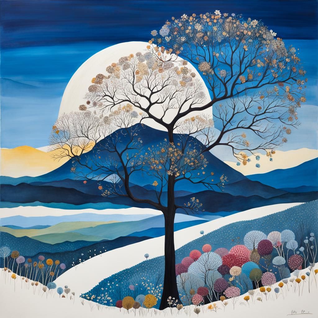 Dream Valley Landscape with Giant Tree in Collage Style