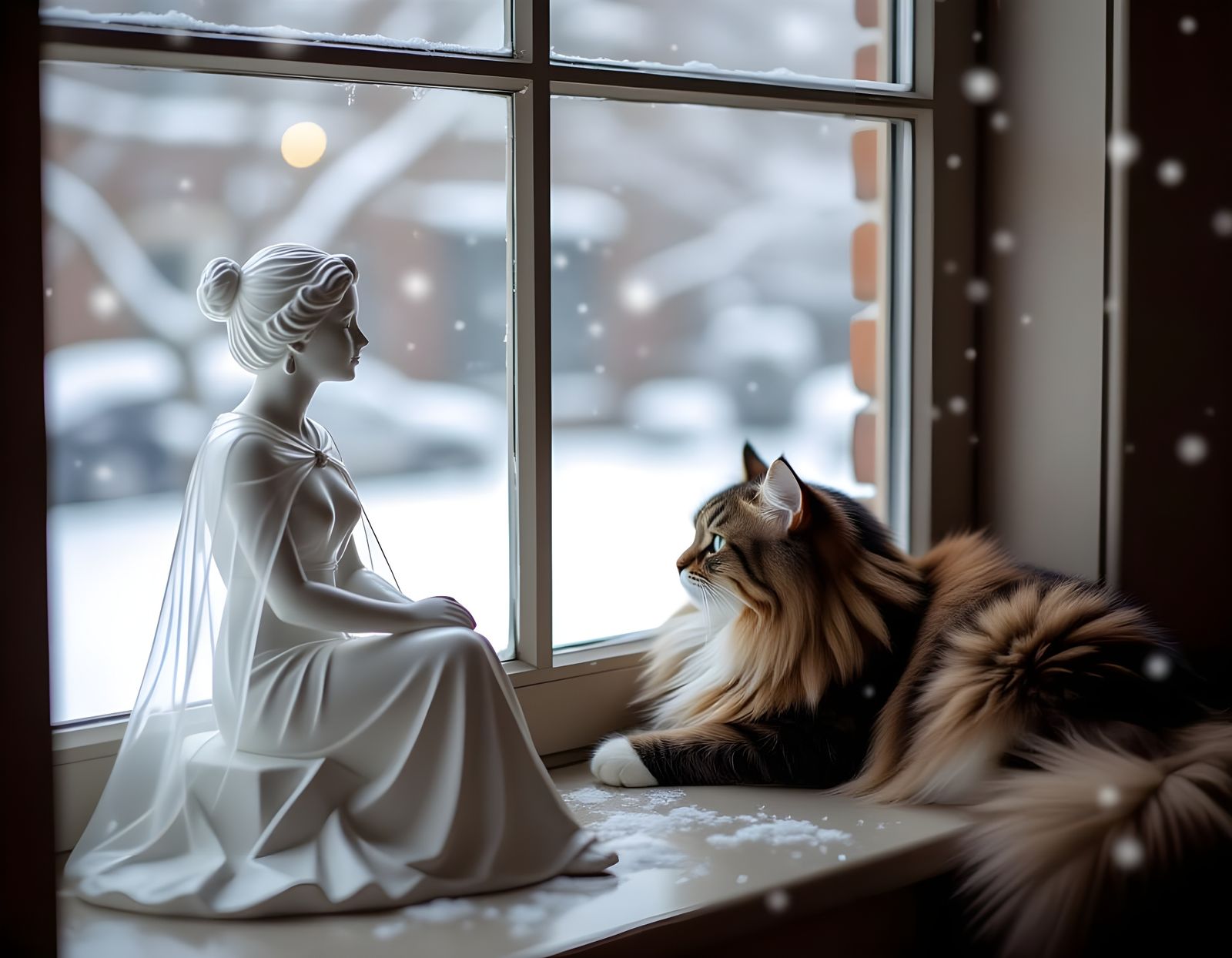 Winter City View From Window With Woman Statuette and Cat