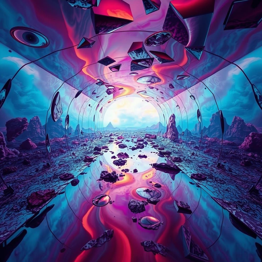 Kaleidoscopic Surreal Landscape with Colorful Vapors